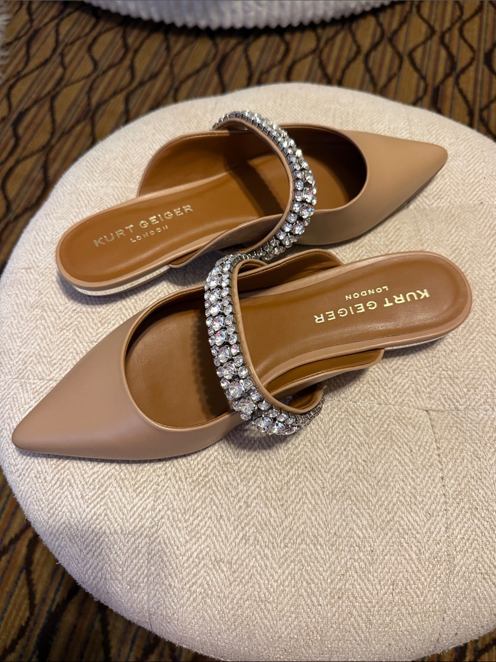 Kurt Geiger Nude Pointed Toe Crystal-Embellished Mules
